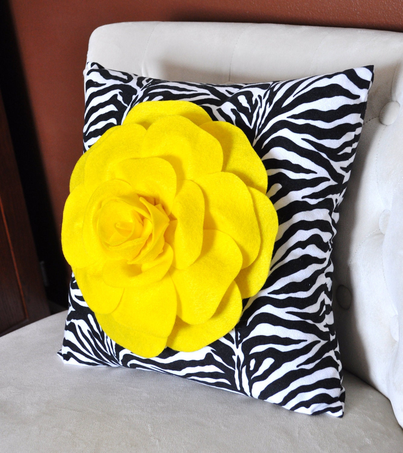 Bright Yellow Rose on Zebra Pillow 14x14