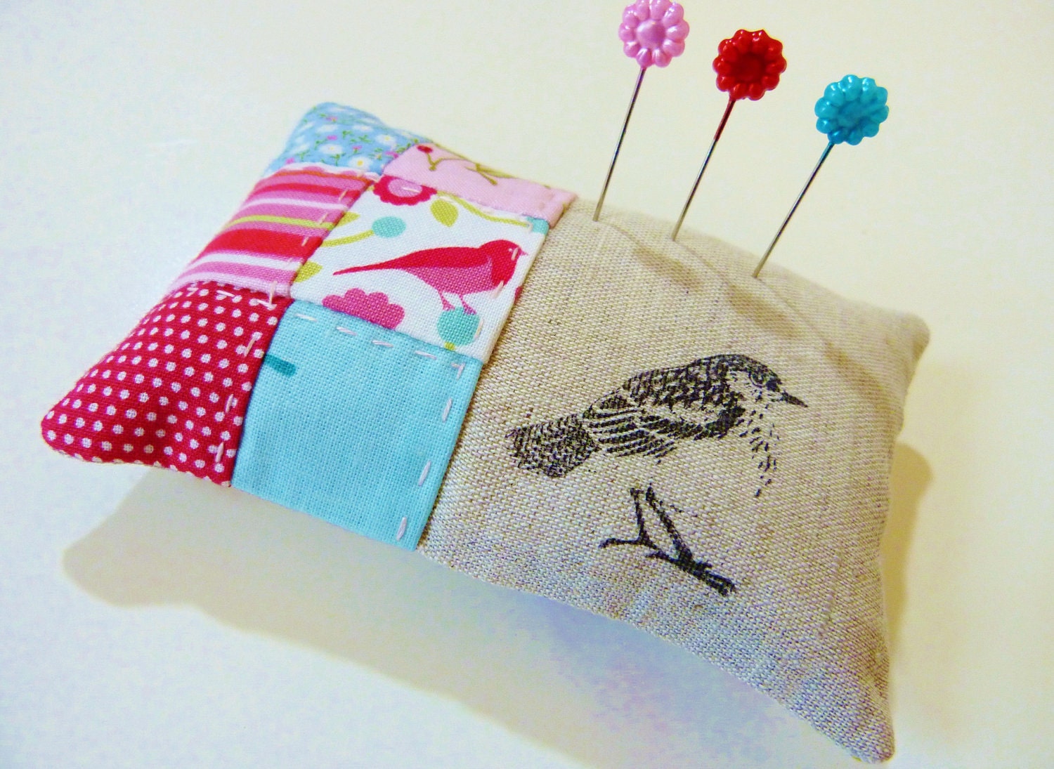 Pin cushion  in red, pink and aqua patchwork with linen in a bird theme Perfect mother's day, Easter or hostess gift