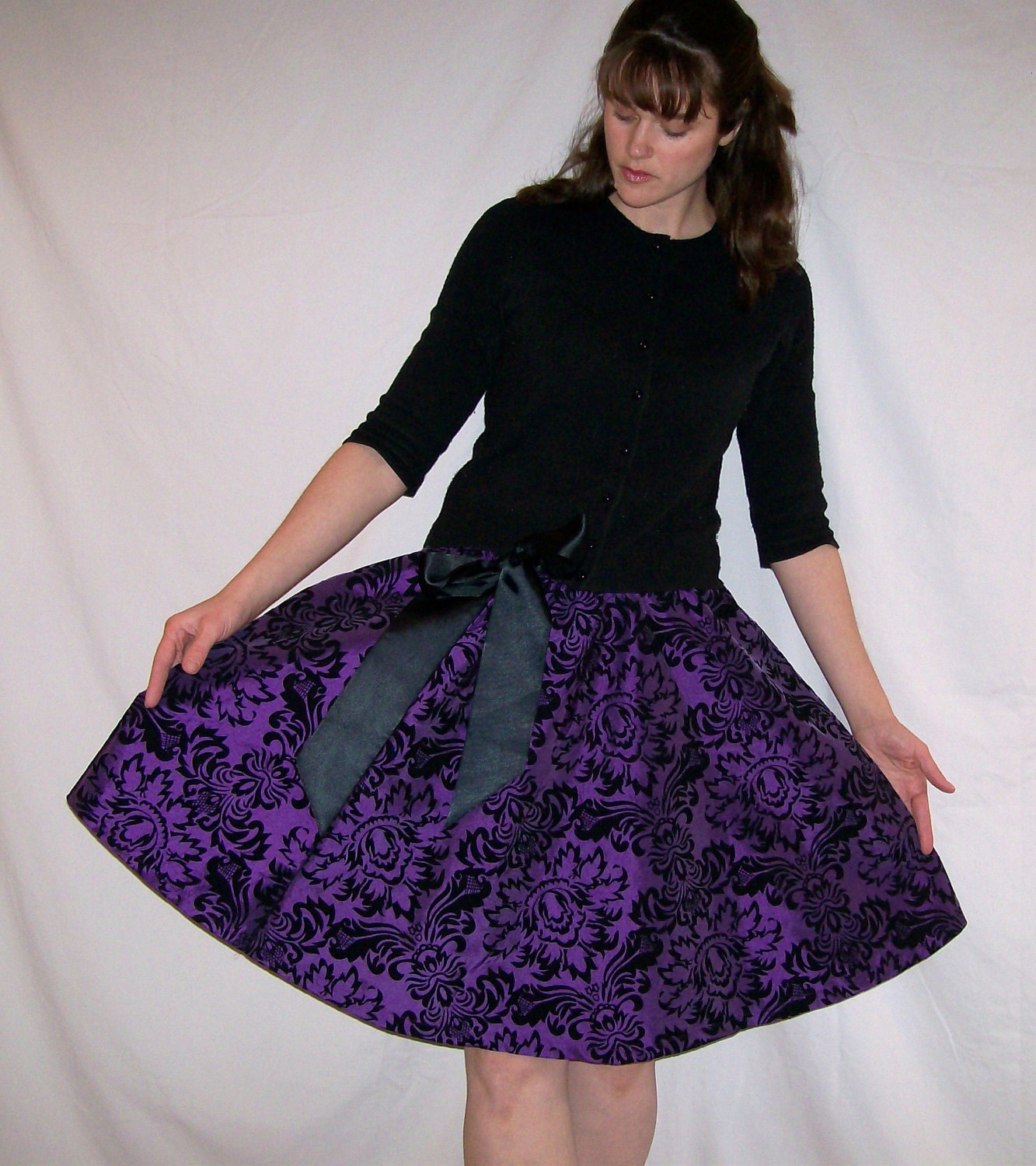 SALE Purple Tafetta with black velvet scroll drawstring skirt