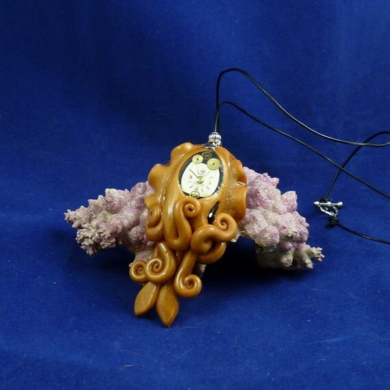 Brass Steampunk Cuttlefish Necklace - Polymer Clay Neo-Victorian Jewelry