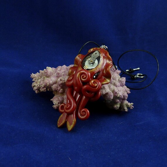 Gilded Steampunk Cuttlefish Necklace - Polymer Clay Neo-Victorian Cephalopod Pendant