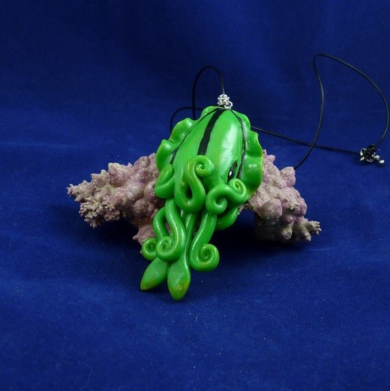 Green Cuttlefish Necklace - Handmade Polymer Clay Jewelry