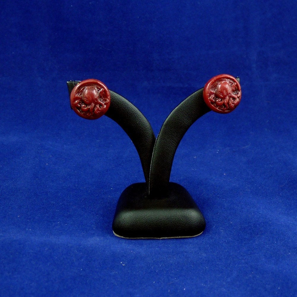 Burgundy Cthulhu Cameo Earrings - Polymer Clay Lovecraft Jewelry
