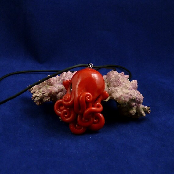 Crimson Octopus Necklace - Handmade Polymer Clay Jewelry