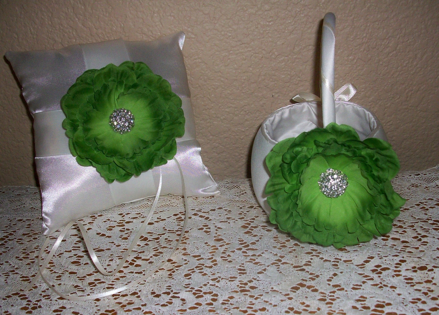 Ivory and Green Flower Girl Basket and Pillow Set  - Rhinestone Accent Irish St Patricks Day Wedding