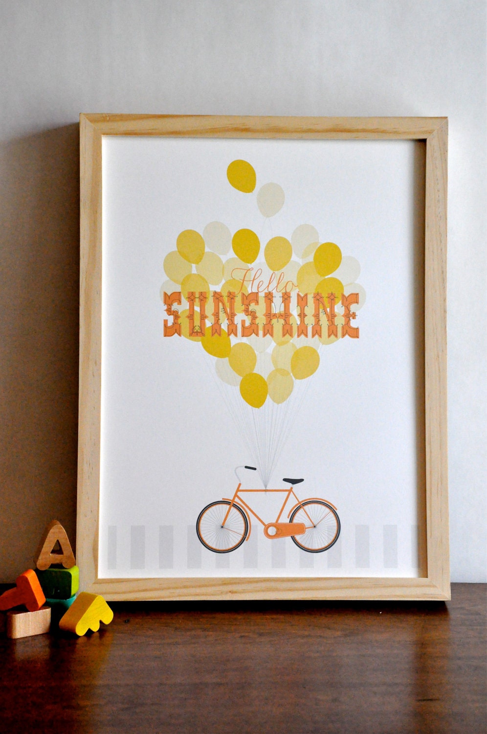 Hello Sunshine Typography Bicycle Print retro modern orange nursery wall art poster  - 12x16 children decor