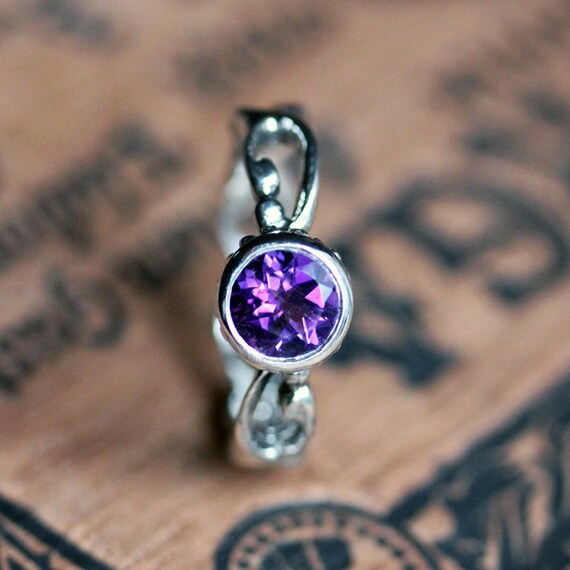Royal purple amethyst ring, February birthstone, filigree sterling ring, artisan metalsmith, Wrought, size 6.5