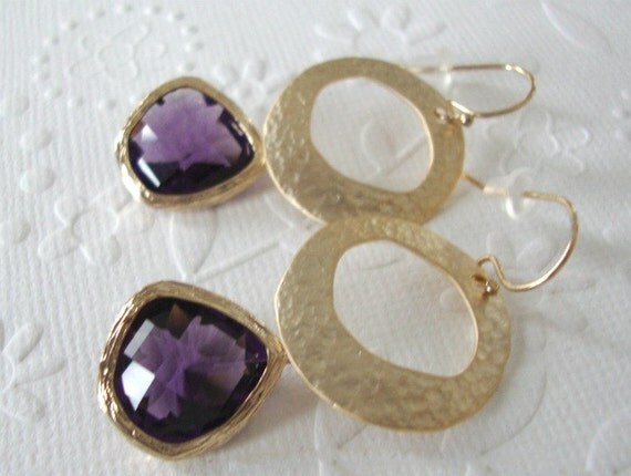 Sustainable fashion with amethyst glass Purple earrings Bridal or Sustainable fashion with amethyst glass Purple earrings Bridal or