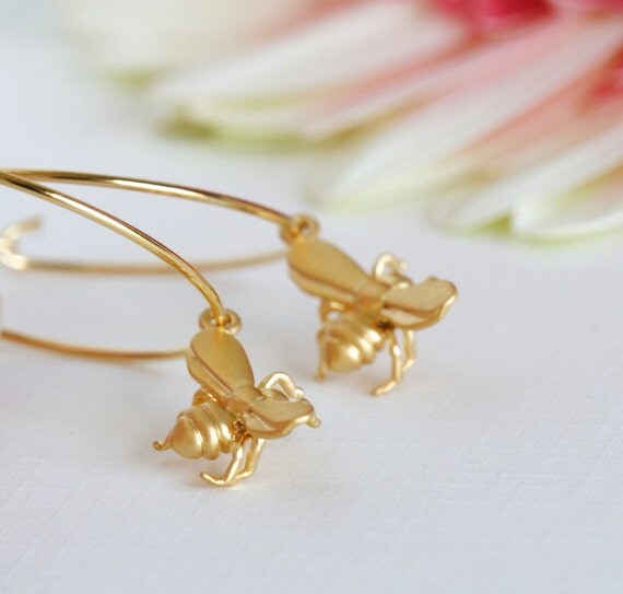Honey Bee Hoop Earrings - Gold Plated Hoops With Tiny Matte Gold Honey Bees
