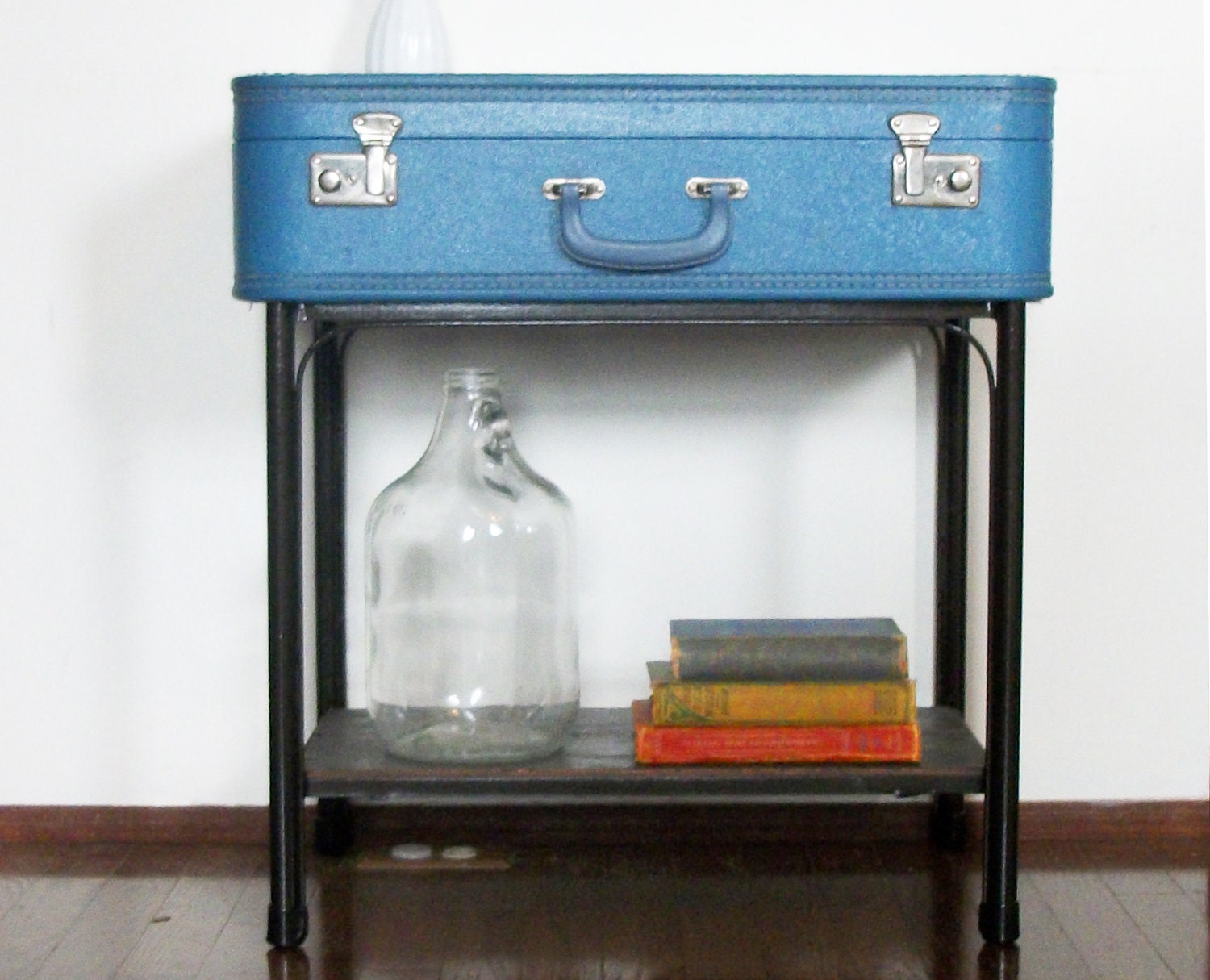 Handmade Blue Suitcase Side End Table with Storage Shelf