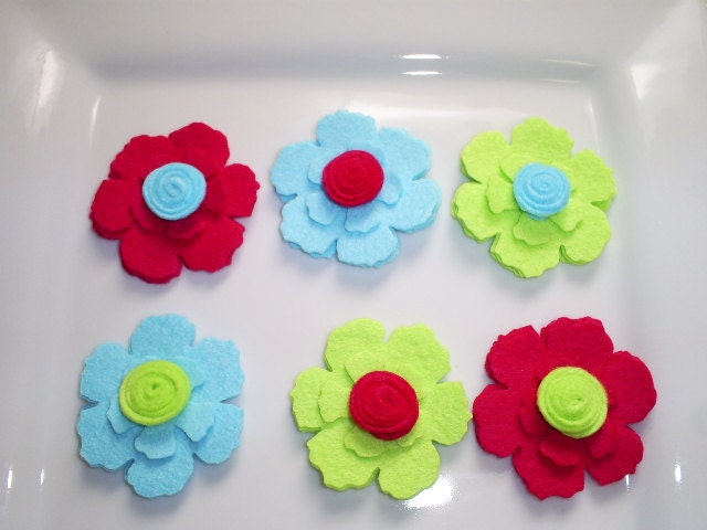 Wool Felt Flowers - Summer Time Fun -   Set of 6 Felt Flowers With Rolled Button Center - Fuchsia, Blue and Lime