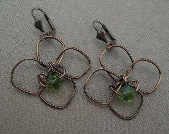 Wire Wrapped Flower Green Crystal Earrings
