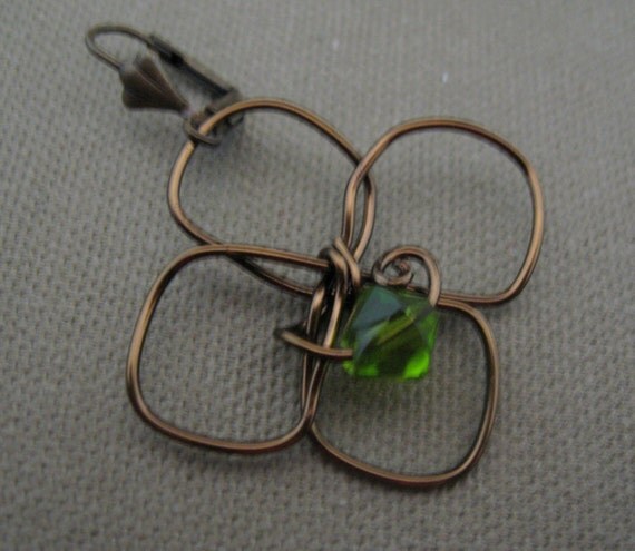 Wire Wrapped Flower Green Crystal Earrings