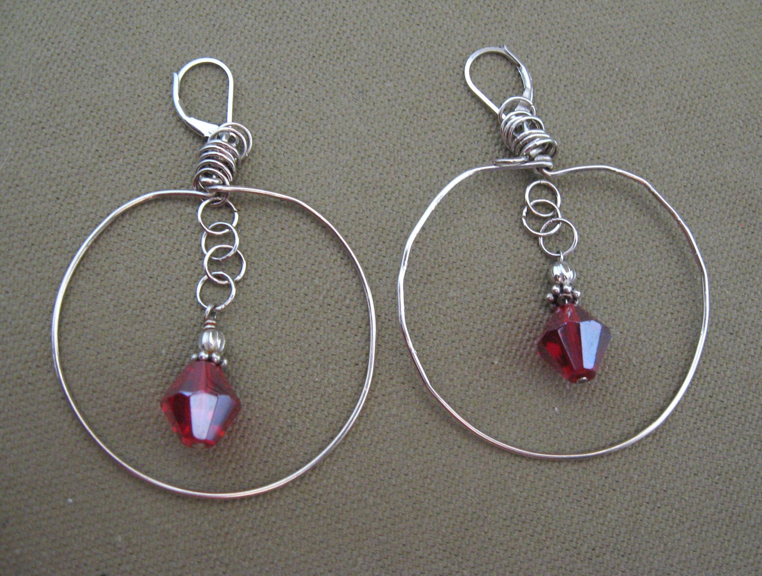 Large Sterling Silver Hoop Earrings Red Crystal