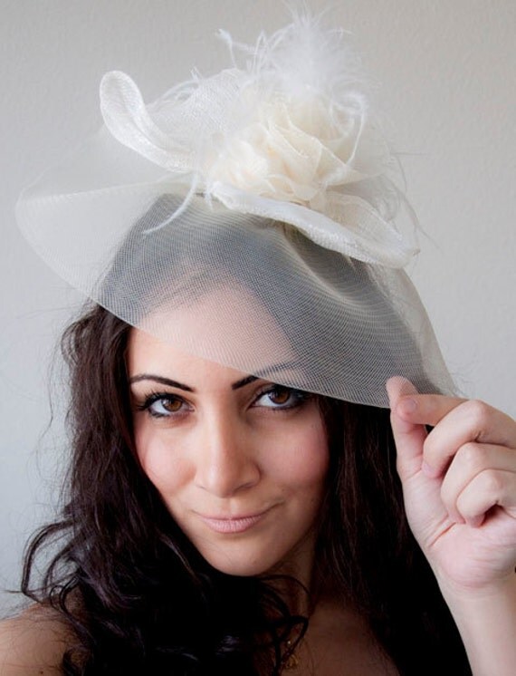 Large Ivory Couture English Hat Fascinator Headband for Weddings Parties