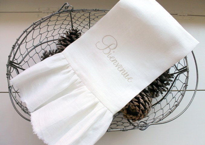 Ivory Cream Linen Tea Towel with ruffle 20 x 30 embroidered Bienvenue