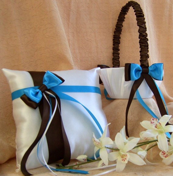 Chocolate Brown and Turquoise Wedding Colors Flower Girl Basket and Ring 