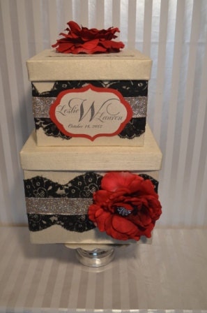 Wedding Card boxThe Leslie Ivory silk two tier card box with black lace
