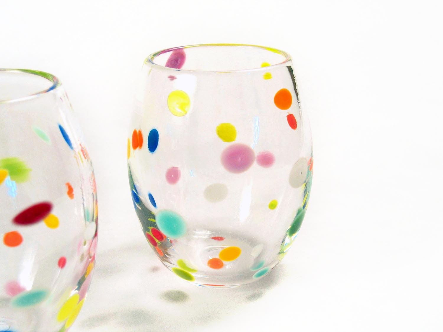 Retro Tumblers Hand Blown Glass Colorful Polka Dots Juice Glasses Summer Entertaining