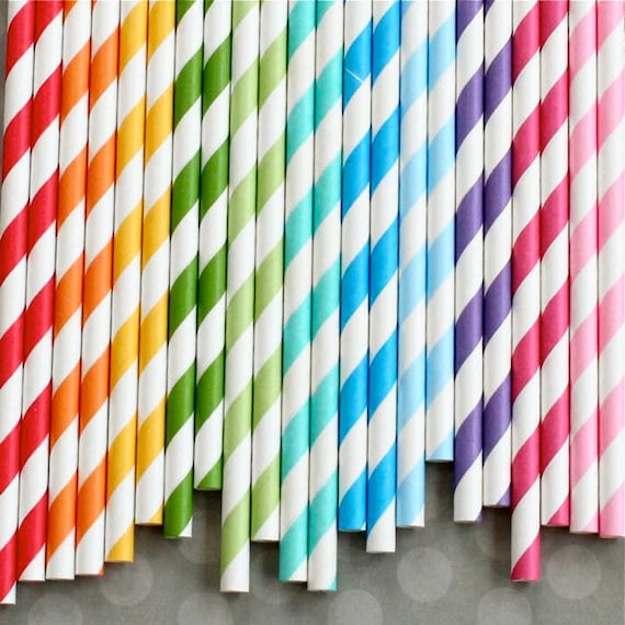 100 Rainbow Striped Straws and Flags