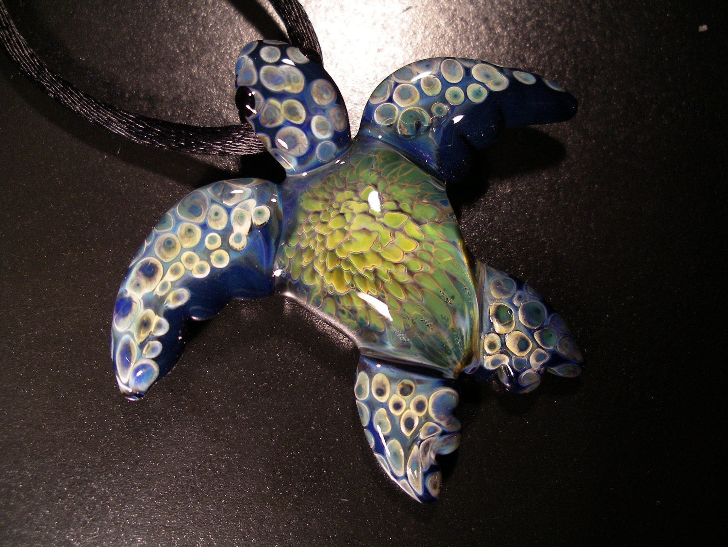 Implosion Sea Turtle Pendant, wearable art, handmade borosilicate glass, with satin cord, clasp and gift bag, unique gift, FREE SHIPPING