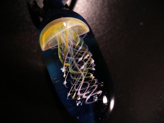 Jellyfish Pendant, wearable art, handmade borosilicate glass, with satin cord, clasp and gift bag, unique gift, FREE SHIPPING