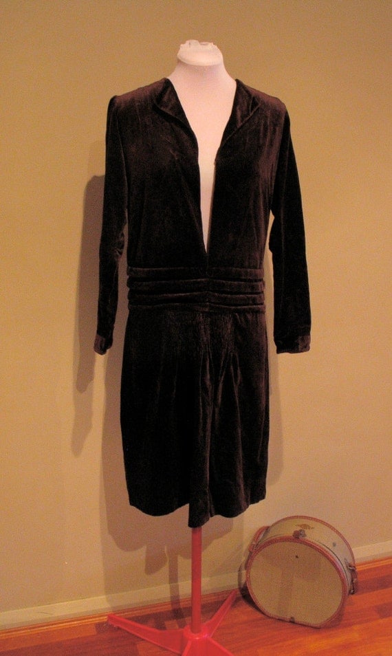 1920s Dress Chocolate Velvet With Smocking and Matching Hat