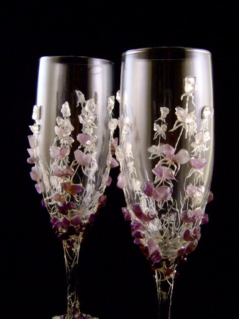 Lavender champagne flutes wedding glasses decorated with natural semi