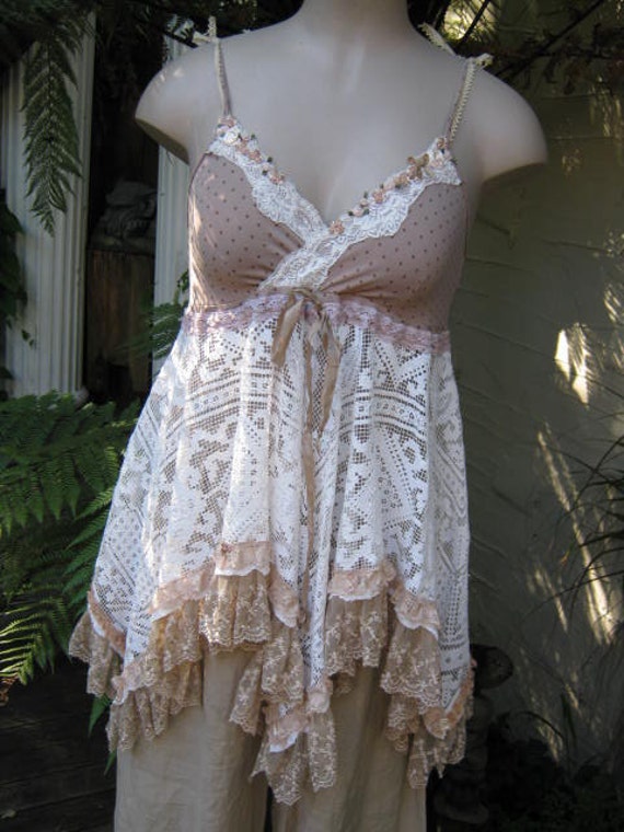Vintage Kitty cami dress coffee and cream roses shabby chic 