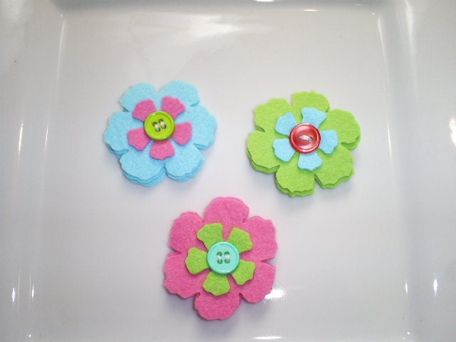 Wool Felt Flower - At The Beach - Set of 3 Felt Flower With Buttons - Bright Pink, Aqua and Lime - Ready To Ship