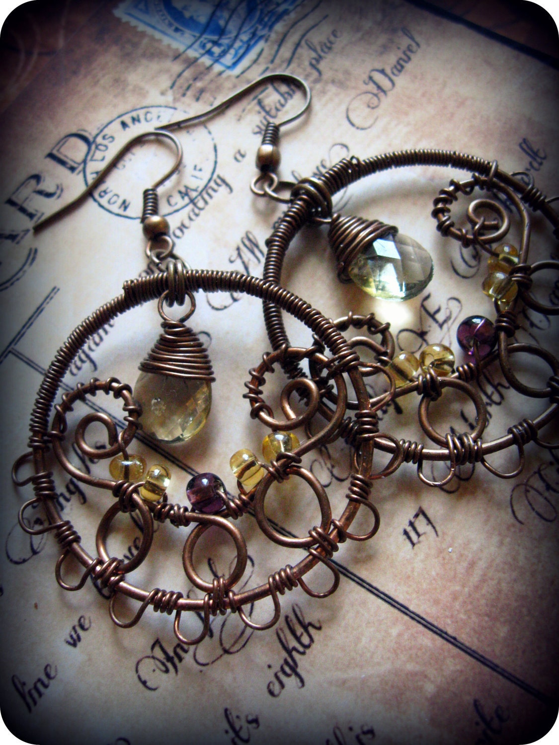 Wire Wrapped Copper Filigree Dangle Hoop Earrings with Czech Glass