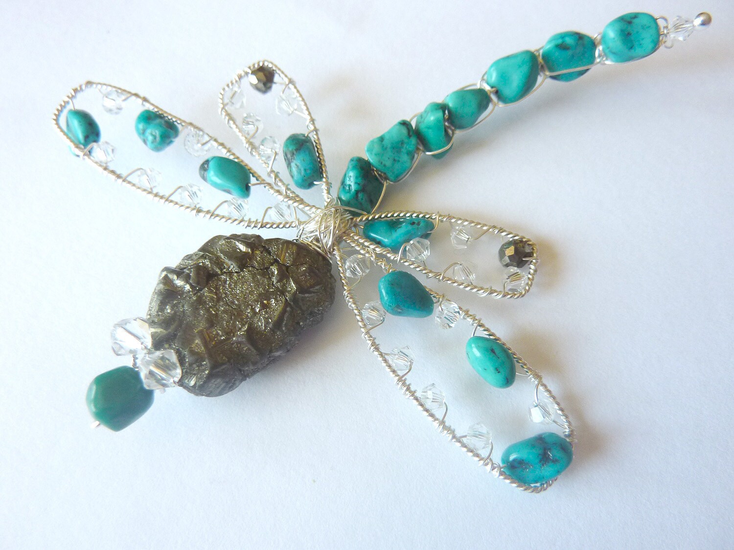 OOAK Turquoise and Pyrite Sterling Dragonfly Hair Pin, Clip, Brooch or Bouquet Decoration