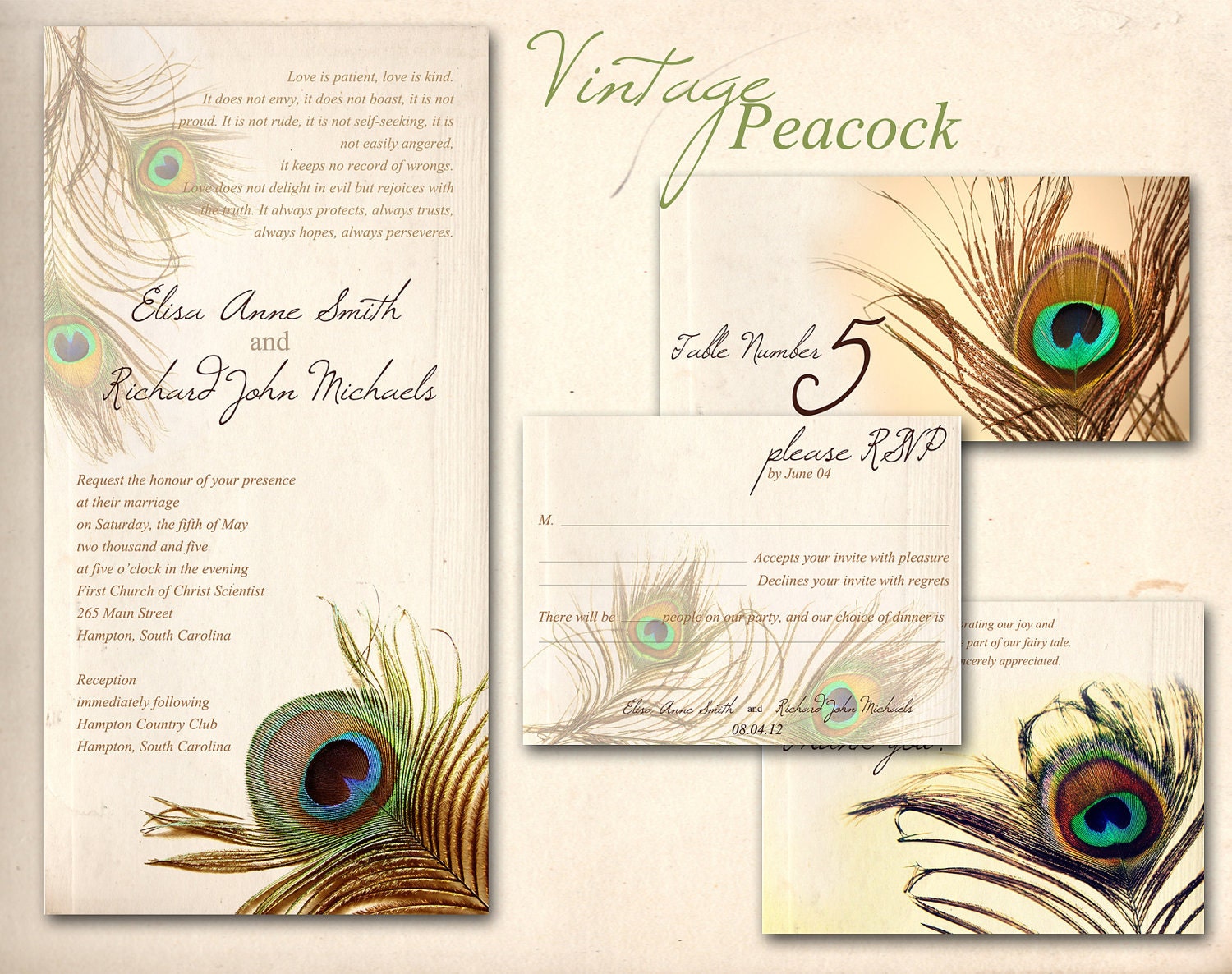 PEACOCK WEDDING INVITATION Printable Template Golden Vintage Peacock