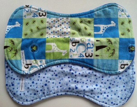 Baby Boy burp cloths in blue, green, and white animal print and polka dots, contoured 3 layers, handmade