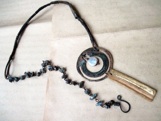 Personal Metaphysical Abstract Talisman. Rustic Gypsy Found Object Assemblage Necklace with gold foil and iridescent pyrite.