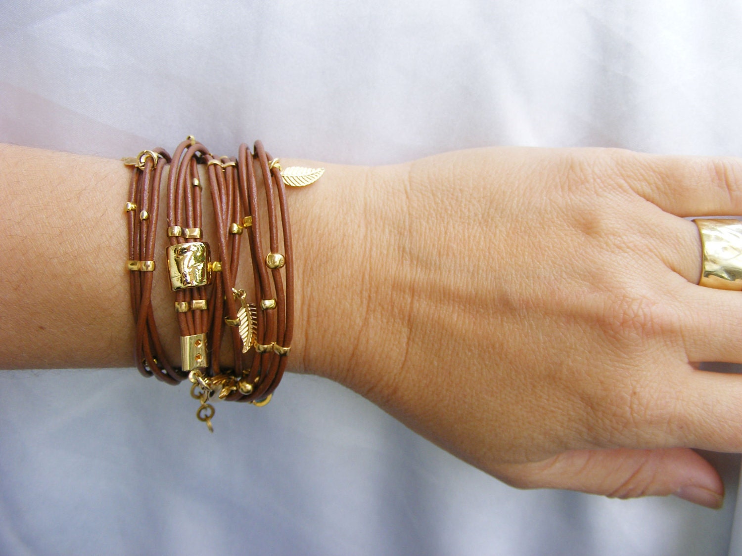 Brown Leather-Wrap Bracelet Multi-Strands with Gold plated Leaf Charms & turquoise stone