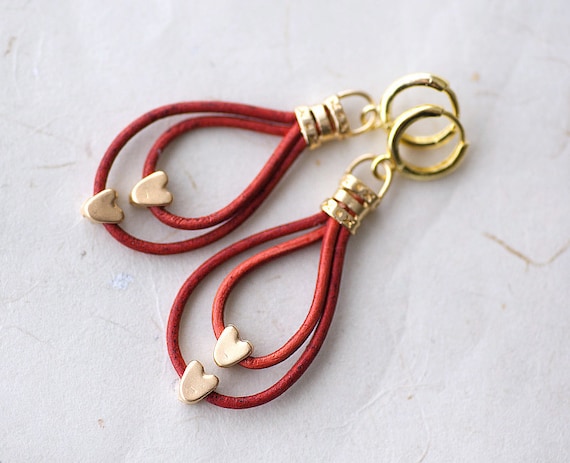 Gold plated Mat Hearts and coral leather cord earring - Everyday jewelry by pardes israel