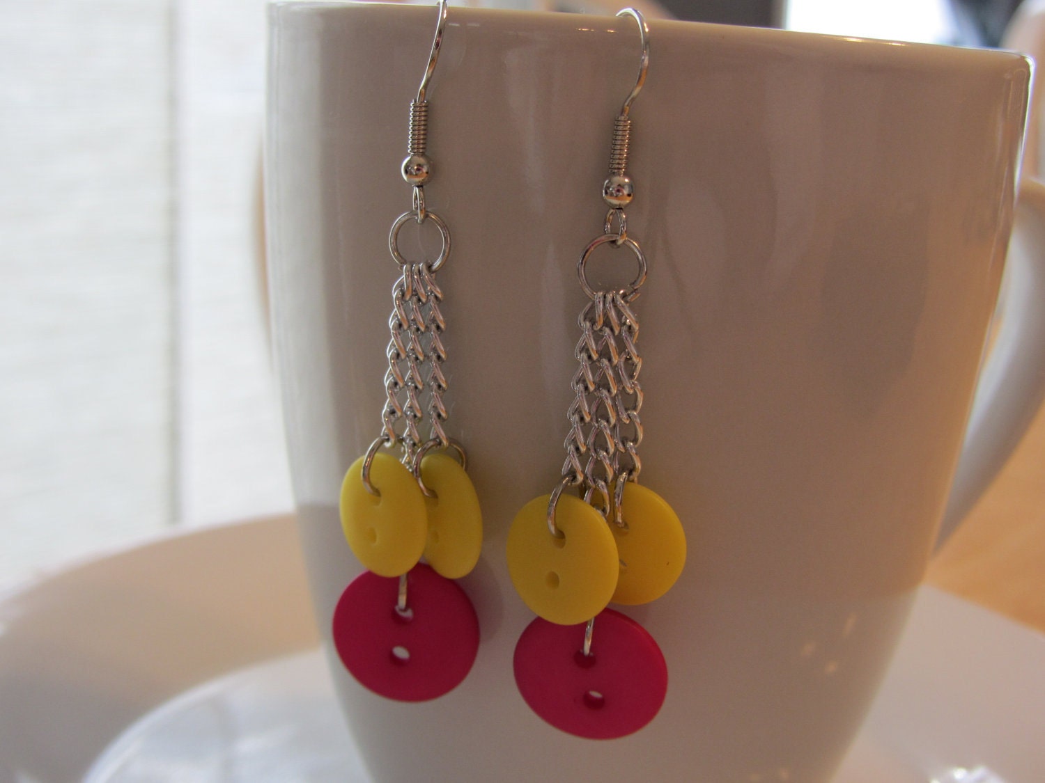 NEW SPRING ITEM - Pink and Yellow Button Chain Earrings