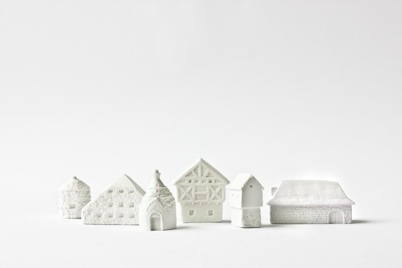 Clay Architecture Set - Ceramic clay houses by Artisanie Europe - pure white home decor modern wedding favors