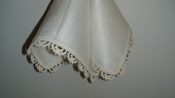 Vintage Wedding Handkerchief Raw Silk Shantung Crochet Lace New Stock