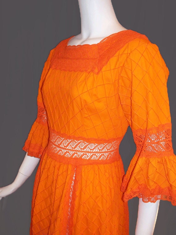 Mexican Wedding Dress Vintage 1970s Bright Orange Maxi Small