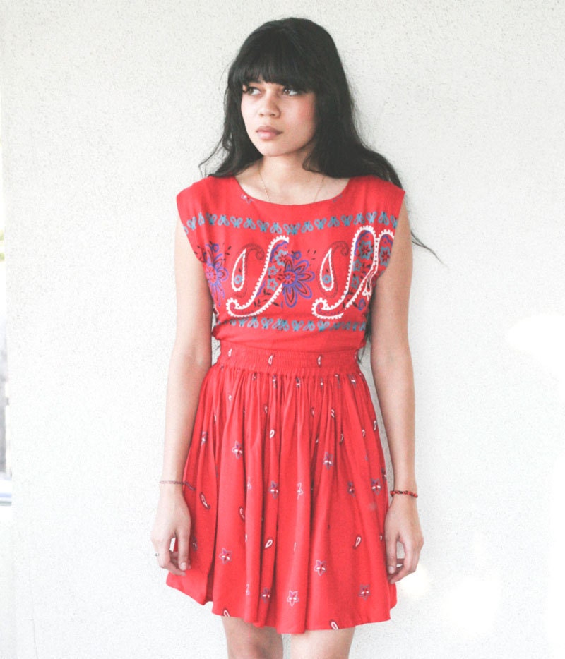 vintage 90's red paisley print cut-out tie back mini dress - small
