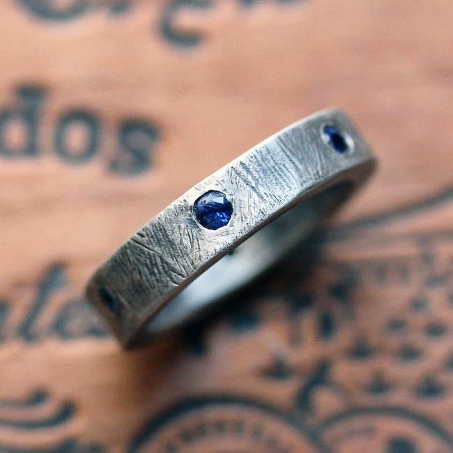 Sapphire wedding ring recycled sterling silver rustic texture mens 