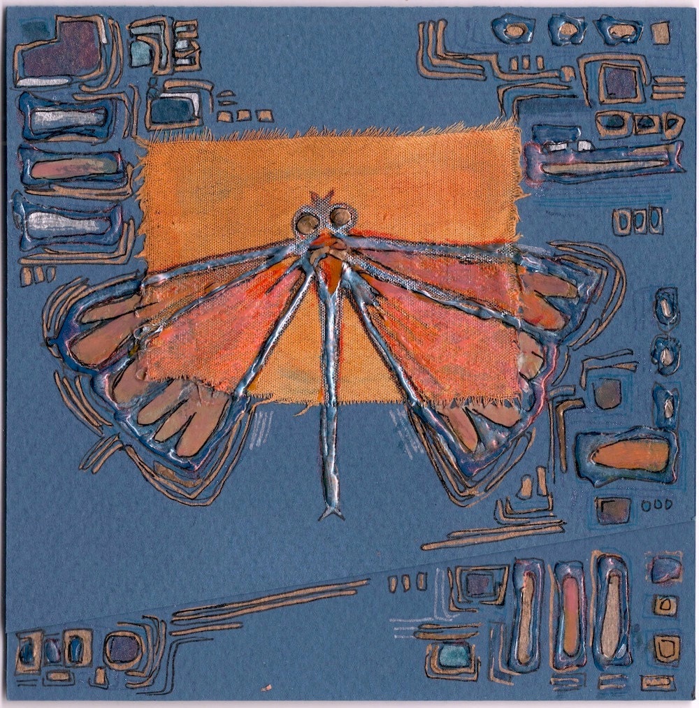 Orange butterfly on a blue background  -  blank greeting card for any occasion