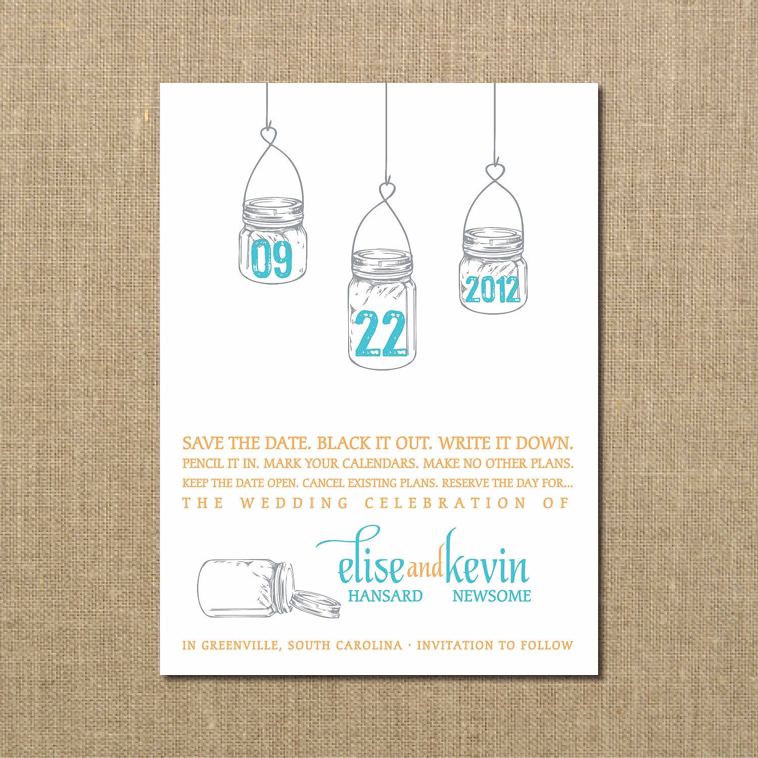 Hanging Mason Jar Wedding Invitation RSVP Save the Date and Envelopes DIY