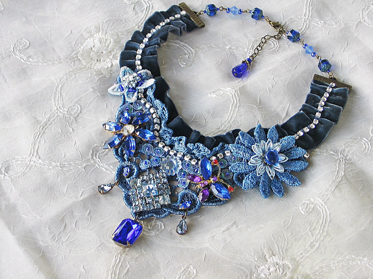 Blue Lace Fabric Assemblage Necklace, Lace Flower Bib Necklace, Spring Flower Statement Necklace, Mixed Media Upcycled Vintage Jewelry