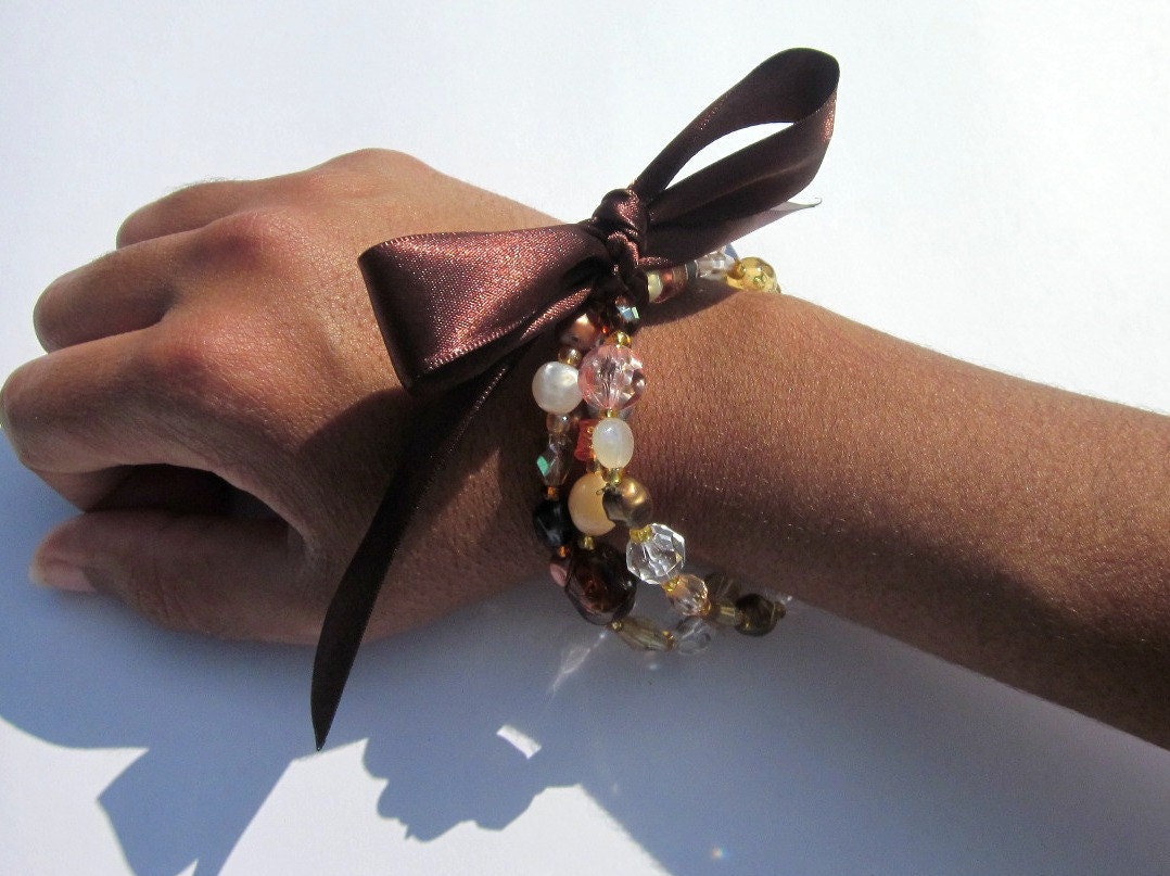 Brown Beaded Bracelets with Matching Ribbon