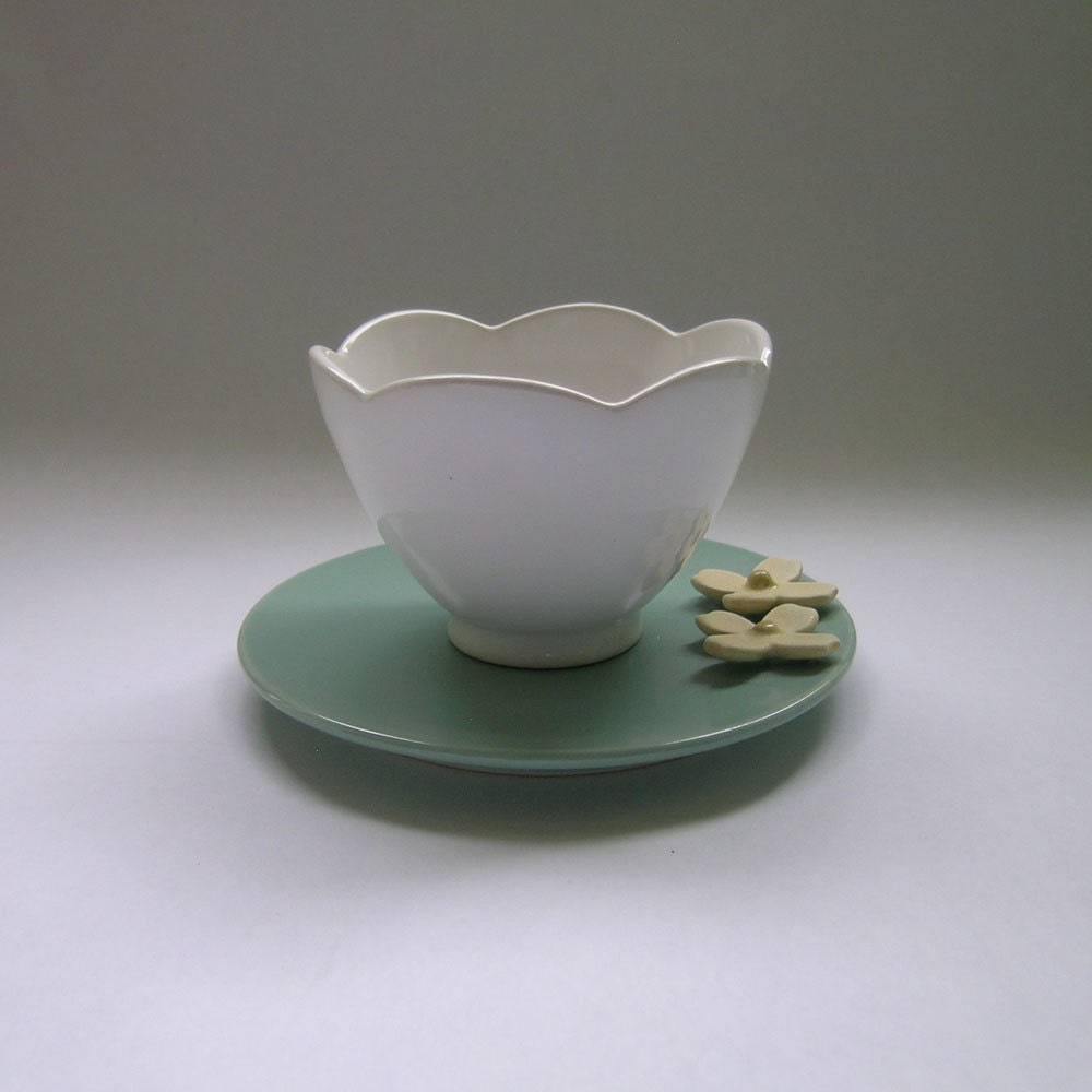 Ceramic Teacup and Dogwood Blossom Plate/Saucer by WhitneySmith