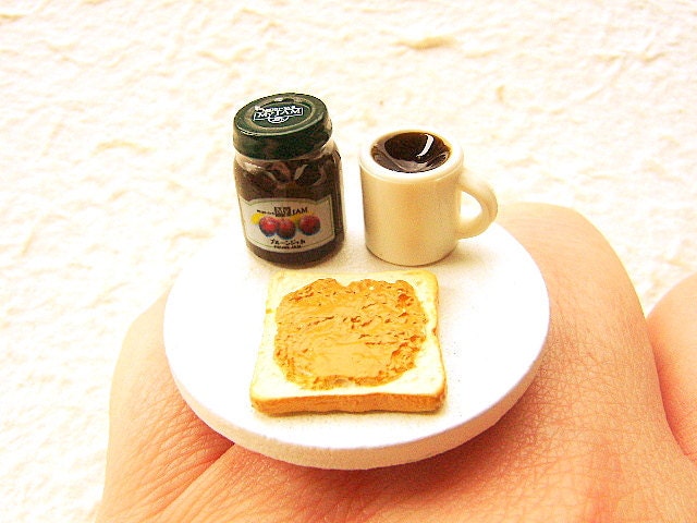 Kawaii Cute Food Ring Bread Coffee Jam Miniature Food Ring Jewelry