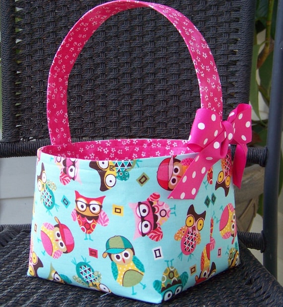 Cute and Hip Owls on Aqua and Hot Pink Fabric Easter Basket - Made to Order - Personalization Included